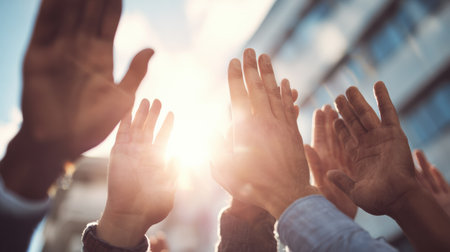 Business people joyfully high-five each other, celebrating their success as sunlight streams through their hands in an urban environment.の素材