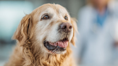 A golden retriever looks comfortably at the veterinarian with a gentle smile in a bright clinic during a routine visit.の素材
