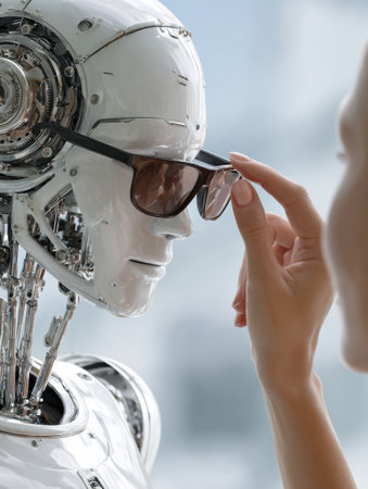 A robot doctor hands sunglasses to a human patient in a well-lit medical laboratory, showing advanced technology in patient care.の素材