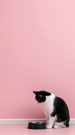 A black and white cat looks down at its food bowl against a simple pastel backdrop, creating a serene and minimalist scene.の素材