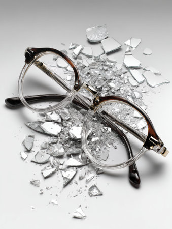 Fragments of broken glasses reflect light as they slowly reform, representing renewal and the beauty of healing from brokenness.の素材