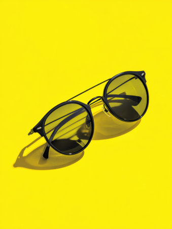 Black sunglasses are showcased on a vibrant yellow surface, creating a cheerful and playful ambiance that draws attention.の素材