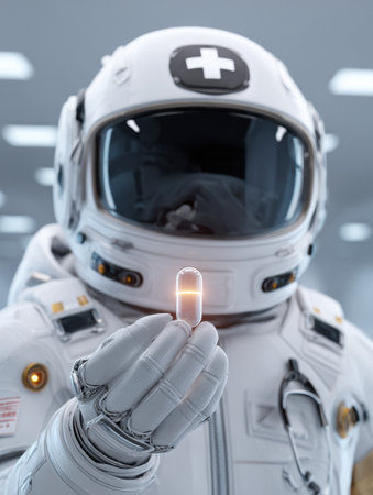 In a modern medical environment, a robot nurse holds a glowing pill capsule, showcasing advanced healthcare technology and innovation.の素材