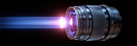 A glowing light beam travels through a lens, highlighting concepts of precision and clarity in optical design and technology.の素材
