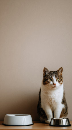 A cat sits quietly near its food bowl, surrounded by a serene minimalist pastel backdrop, creating a peaceful atmosphere.の素材