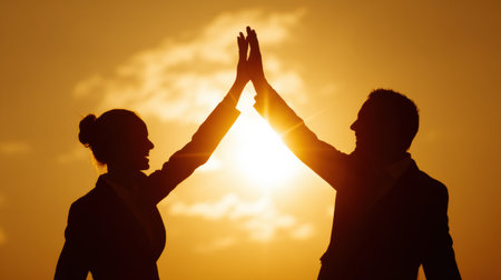 Two business people joyfully high-five each other, celebrating success while bathed in the warm glow of sunset.の素材