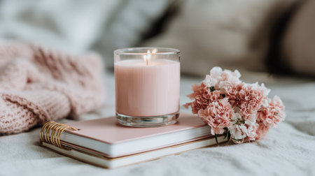 Soft candlelight complements the gentle colors of flowers and a notebook set in a serene space, perfect for relaxation and mindfulness.の素材