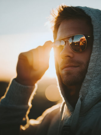 A young man stands outside, adjusting his reflective sunglasses as sunlight glows around him during sunset, showcasing a peaceful moment.の素材
