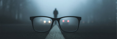 A clear optical frame sits on a dark road, with a figure in the fog, suggesting clarity emerging from confusion in an uncertain setting.の素材
