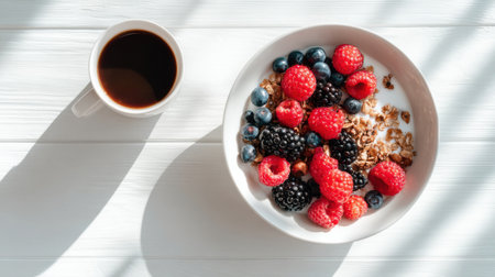 Bright sunlight illuminates a white table holding a bowl of granola topped with fresh raspberries and blueberries, alongside a cup of coffee.の素材
