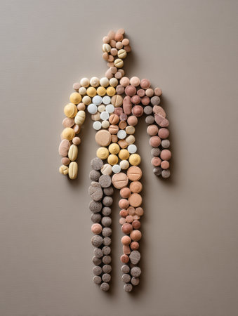 A creative arrangement of various pills forms a human silhouette, representing the intersection of medicine and personal wellness.の素材