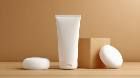 Derma cream tube and soft cotton pads are arranged on a clean wooden surface against a warm, neutral background.の素材