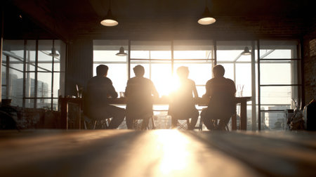 A diverse group of team members collaborated in a stylish office as sunlight streams through the large windows, creating a warm atmosphere.の素材