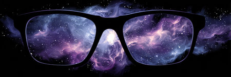 Glowing eye-shaped nebula inside the silhouette of glasses illustrates the power of imagination and cosmic wonder.の素材