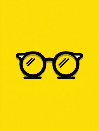 Minimalist glasses icon features simple lines and shapes on a vivid yellow background, perfect for creative advertising or branding needs.の素材