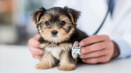 Hands of a veterinarian check a small dog with a stethoscope in a clean clinical environment, ensuring the pets health and well-being.の素材