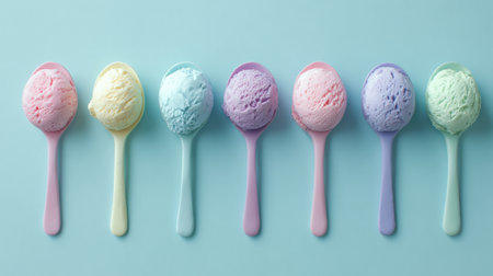 Six pastel ice cream scoops in matching spoons sit neatly on a light blue surface, radiating a fun and joyful vibe.の素材