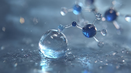 A droplet of skincare blends seamlessly with a stylized molecular structure in a calming blue setting, highlighting the essence of clean science.の素材