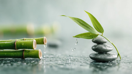 A peaceful spa environment showcasing bamboo, stacked black stones, and gentle water drops creating a serene atmosphere for relaxation.の素材