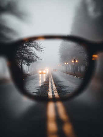 Fog envelops a road while an optical frame focuses on clarity and direction, portraying a journey through uncertainty at dawn.の素材