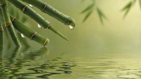 Serene spa setting showcases bamboo with droplets cascading into still water, creating a calming and peaceful atmosphere.の素材