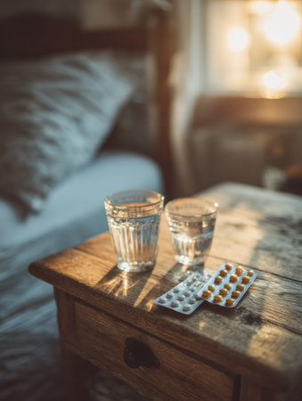 Two glasses of water and a medication blister sit on a bedside table, illuminated by gentle morning light, creating a serene start to the day.の素材