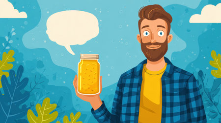 A happy man stands outside, holding a jar of vitamins while enjoying the sunny weather, promoting a healthy, active lifestyle.の素材