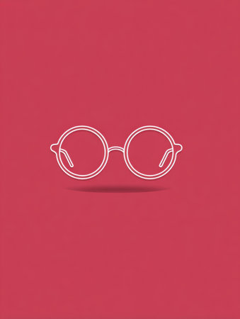 A minimalist glasses icon features line art design centered on a solid red background, ideal for advertising or promotional purposes.の素材