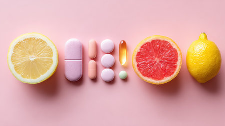 Vitamins, supplements, and fresh fruits are arranged neatly on a soft pastel surface for an aesthetic view that promotes wellness.の素材