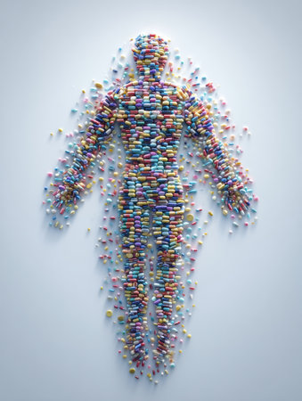 Colorful pills and capsules create a human figure, representing health and wellness in an artistic and engaging way, ideal for promotional use.の素材