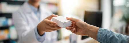 In a bright and clean pharmacy, a pharmacist hands a medicine box to a customer. The setting is welcoming and organized.の素材