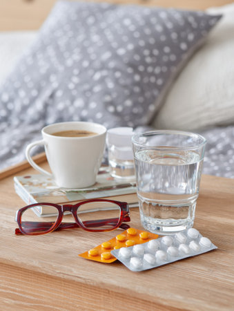 Glasses of water and a blister of medicine sit next to a cup of coffee on a wooden bedside table in soft morning light.の素材