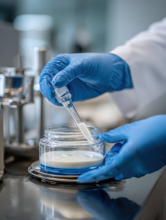 In a clean and controlled lab, a robot assistant carefully mixes a skincare serum using a beaker and pipette, ensuring accurate formulation.の素材