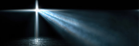 A bright cross-shaped light beam emerges from the darkness, illustrating themes of hope and healing in a tranquil setting.の素材