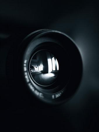Close-up view of a lens capturing white light reflection, showcasing a minimal gradient and a visible text zone in dark environment.の素材
