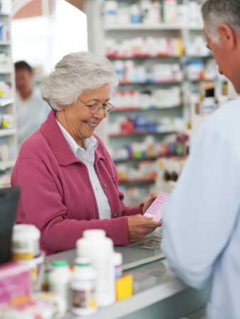 An elderly woman smiles while examining vitamin packages at the pharmacy counter during her shopping visit in a bright store.の素材