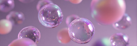 Transparent spheres float in a soft, colorful background, visually representing dermal cells for beauty science topics.の素材
