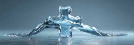 A fluid wave forms a medical cross, representing purity and well-being with soft, transparent textures in a calm setting.の素材