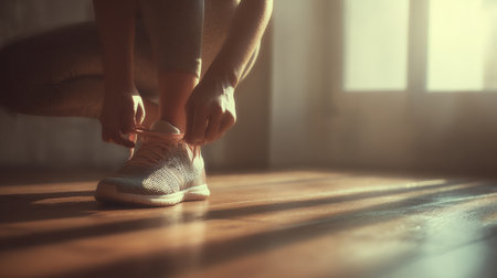 A dedicated runner crouches on a wooden floor, tying shoelaces in a sunlit room filled with energy and motivation for exercise.の素材