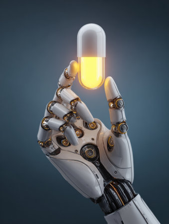 A robotic hand, crafted with advanced materials, gracefully holds a luminous capsule, highlighting innovation in healthcare technology.の素材