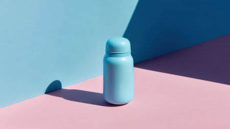 A blue pill bottle stands on a pastel pink surface, casting a gentle shadow in soft natural light, creating a calm vibe.の素材