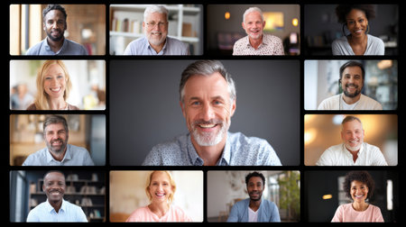 A diverse group of team members cheerfully participating in a conference call, showcasing collaboration and connection in a soft-lit setting.の素材