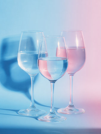 Three transparent glasses with water in shades of pink and clear sit on a gradient background, showing a minimalist design approach.の素材