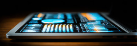 Glowing data charts displayed on a laptop signify analysis in a contemporary office setting during evening hours.の素材