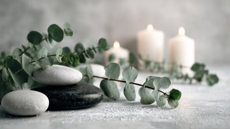 Spa stones are arranged with eucalyptus leaves beside candles, creating a peaceful zen setting perfect for relaxation and rejuvenation.の素材