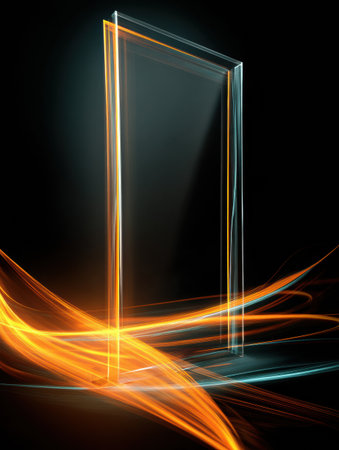 A transparent frame floats amidst swirling colored light trails, creating a lively and dynamic visual experience in a dark setting.の素材