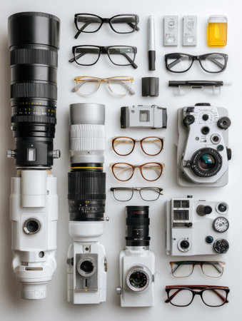 A neat layout displays various optical instruments and glasses, showing a selection for photography and vision needs.の素材