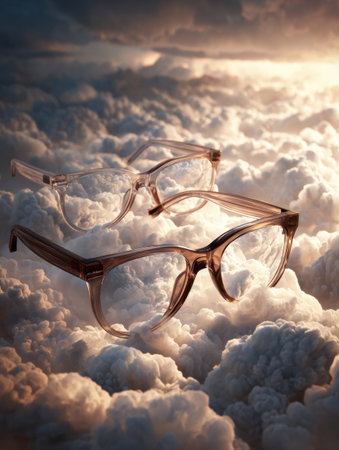 Glasses drift gracefully above fluffy clouds, evoking a sense of dreamlike wonder and showingcasing imagination in a whimsical setting.の素材