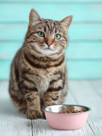 A striped cat sits contently by its food bowl, ready to enjoy a meal in a simple, pastel-colored setting.の素材