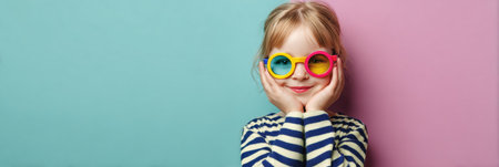 A joyful child with colorful glasses smiles brightly, posing with hands on cheeks against a soft pastel background, creating a cheerful scene.の素材